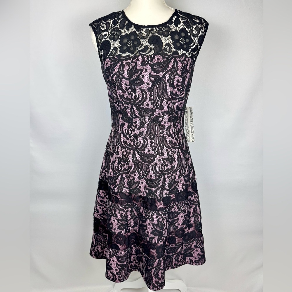 NWT Kay Unger Cocktail Dress Fit & Flare Sleeveless Pink Black Lace Size 6 Party